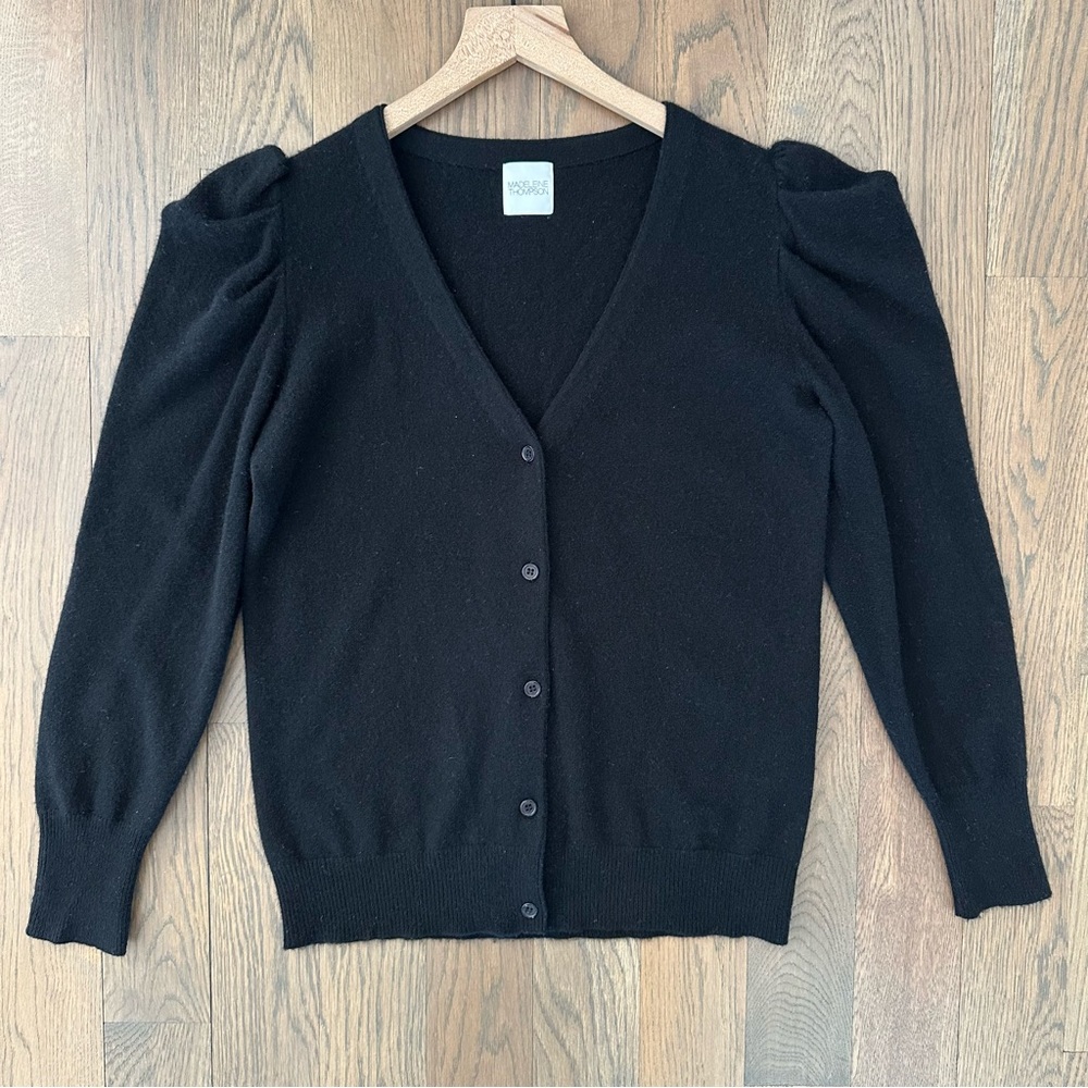 Madeline Thompson V-Neck Puff Sleeve Cashmere Cardigan Sweater in Black Medium